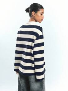 Maija 女士蓝杏条纹早春休闲长袖前扣宽松百搭简约百搭T恤上衣，节日