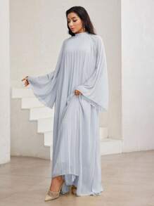 Veilorie 女式纯色立领褶皱喇叭袖宽松阿拉伯风连衣裙 - 藍色 - 查看 4