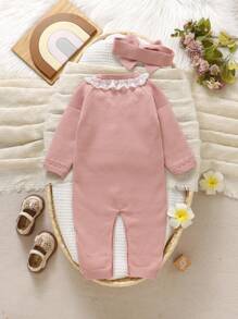 SHEIN 2 件套女婴连体衣和头带套装，粉色蕾丝边针织连体衣，柔软舒适，适合日常、外出、旅行、度假、居家、日托和玩耍