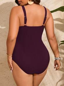 Swim Lushoire 1pc Plus Size Women Solid Color Ruched Strap One-Piece Swimsuit For Summer Beach Vacation - Red Violet - View 2