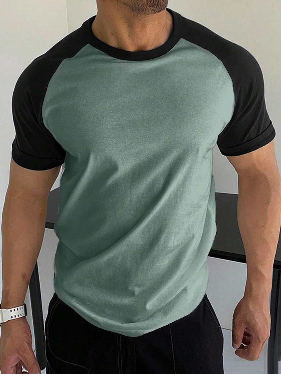 EURMUSE 100%Cotton Men Colorblock Raglan Sleeve Tee - Mint Blue - View 1