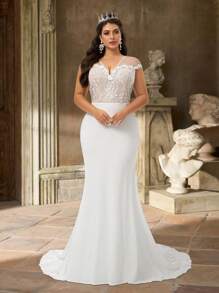 Aureia Plus Size Elegant Luxurious Sweetheart Neckline Off-Shoulder Ruffle Back Floral Applique Decor High Waist Bodycon Mermaid With Long Train Bridal Wedding Dress