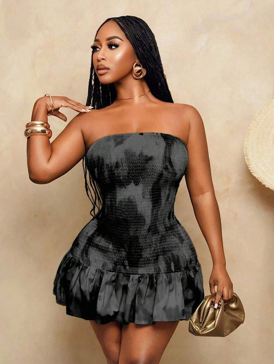 BamGleam SummerHoliday Women's Tie-Dye Ruffle Hem Fashionable Strapless Mini Dress - Black - View 1