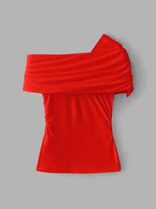 Maija Blusa de mujer con diseño asimétrico de hombro fruncido, casual y elegante, de estilo minimalista urbano. Suave y cómoda, con ajuste ceñido, fruncido lateral desigual, borde enrollado y manga corta. Blusa hombro descubierto para conciertos, vacaciones y atuendos modestos de mujer.