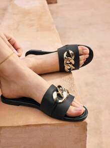 Styleloop Chain Decor Slide Sandals Back To School Shoes College Student Shoes Boho Feels Vintage Cottagecore Frenchy Shoes Spring Shoes Spring Break Easter - Black - View 5
