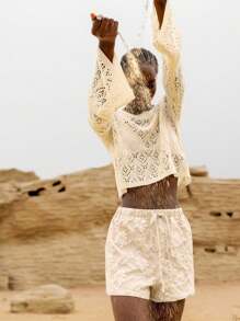 Lumivelle Hollow Net Knit Pullover Sweater, Round Neck Long Sleeve Knit Pullover Fall Winter - Apricot - View 3
