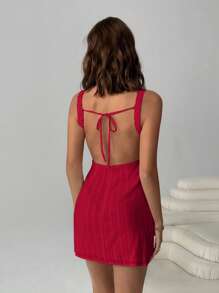 SHEIN EZwear 女士性感露背纯色迷你连衣裙，适合节日穿着 - 玫瑰紅 - 查看 2