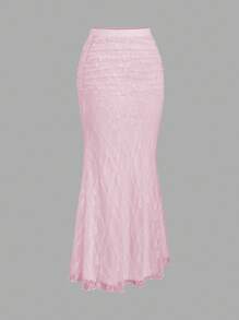 Sweetra Women's White Lace Mermaid Hem Bodycon Maxi Skirt, Spring/Summer Fall Cloth For Women - Pink - View 3