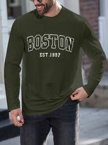 Manfinity Dauomo Áo thun cổ tròn tay dài màu trơn cổ điển vừa vặn cho nam - xanh quân đội - Xem 6