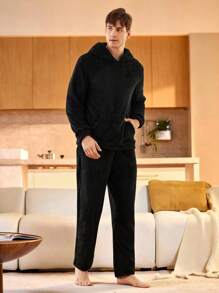 Manfinity Underwear&Sleepwear Basics Bộ đồ ngủ 2 món bằng vải nỉ trơn màu dành cho nam, trang phục thu đông - màu đen - Xem 1