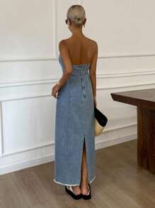 Livesso 女士休闲度假露肩长款牛仔连衣裙 - 藍色 - 查看 2