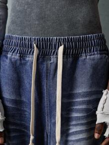 NEON BLANC Men's Casual Washed-Out Contrasting Stripe Wide-Leg Jeans, Emo Style - Blue - View 4