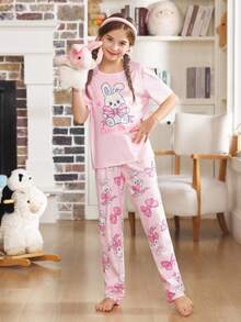 可爱兔子和心形印花睡衣，适合青春期女孩和青春期女孩，甜美柔软 - 彩色 - 查看 3