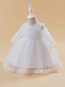 Glamorique Kids Baby Girl Lace Mesh Satin Long Sleeve Dress, White Floral Flower Girl Wedding Party Ball Gown With Big Bow Back, High-End Children's Dress For Birthday, Banquet, Performance Baby Girl White Lace Dress White Dress For Baby Girl