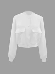 INAWLY 女士纯色前扣长袖口袋简约休闲夹克 - 白色 - 查看 1