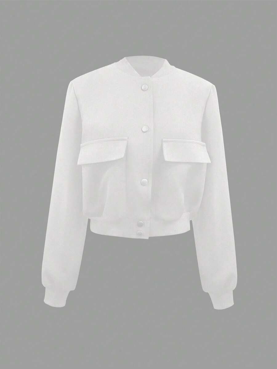 INAWLY 女士纯色前扣长袖口袋简约休闲夹克 - 白色 - 查看 1