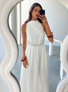 Aloruh Women's Pleated Sleeveless Wide Leg White Linen Jumpsuit - White - View 1