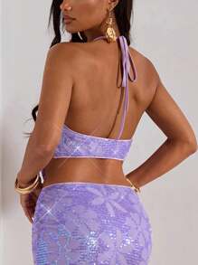 Opulessa 时尚休闲性感吊带系带露背女式夏季上衣 - 淡紫色 - 查看 2