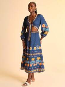 CAJUNI Đầm Maxi Dài Tay Dài In Hoa Nhiệt Đới Màu Xanh Dương Cho Kỳ Nghỉ Dành Cho Nữ, Cổ Chữ V Thắt Nút Xoắn, Tay Dài, Eo Rỗng, Kỳ Nghỉ Hè, Váy Cho Nữ, Váy Mùa Hè Cho Nữ, Váy Mùa Hè, Váy Cho Nữ Thanh Lịch, Váy Mùa Hè - Nhiều màu - Xem 5