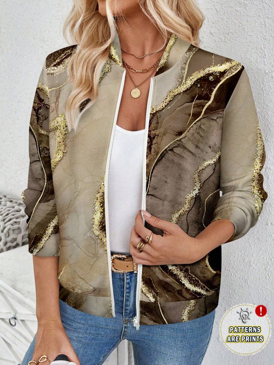 EMERY ROSE Women's Casual Marble Print Long Sleeve Zipper Front Baseball Jacket, Suitable For Autumn/Winter - Multicolor - View 1