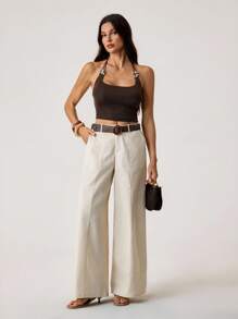 SHEIN Tall Women's Plain Solid Color Casual Pants - Khaki - View 7