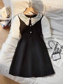 SHEIN Vestido holgado de línea A con mangas abullonadas, estilo collar, adecuado para salidas, vacaciones, vuelta al colegio, uso casual para niñas - Negro - Ver 3