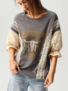 Bohemela 大码休闲复古镂空刺绣撞色蕾丝T恤，女士假日装 - 淺灰色 - 查看 4