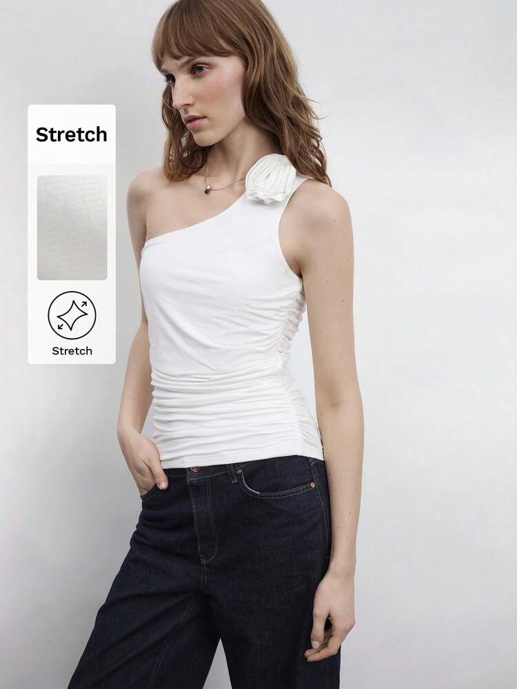 SHEIN Maija Ivory Oblique Shoulder Wrapped Floral Ruffle Detail Women's All-Match Top, Spring/Summer Versatile Minimal Design Apparel, Suitable For Holidays