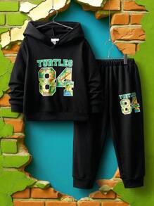 TEENAGE MUTANT NINJA TURTLES | SHEIN Young Boy Cartoon & Numeral Print Black Hoodie Sweatshirt And Sweatpants Sporty Casual Set, Autumn/Spring - Black - View 1