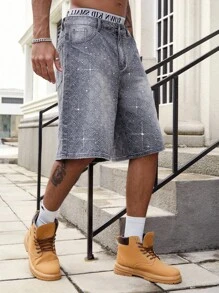 ROMWE MEN Street Life Men's Casual Summer Rhinestone Washed Distressed Denim Shorts - Grey - View 1