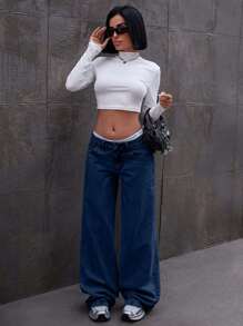 EURMUSE LOW RISE WIDELEG JEAN WITH BOW DETAILS - Dark Wash - View 6