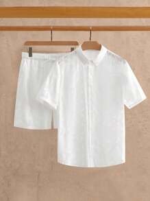 Manfinity NXTstreet 2pcs Men's Tinted Jacquard Cut-Out Short Sleeve Polo Shirt And Matching Shorts Set Men 2 Pieces Outfit Men's Shirt Set Men White Short Sleeve Beach Shirts Men White Cropped Shirts - Apricot - View 3