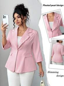 Elenzga Elegante chaqueta superior plisada con flor 3D en color rosa para mujeres de talla grande
