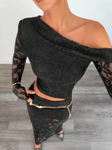 Siren Gaze New Black Sheer Elegant Lace 2-Piece Set For Women, Autumn Black Lace Two Piece Set Elegant Two Piece Set,Off-The-Shoulder Lace Top Winter Black - Black - View 3