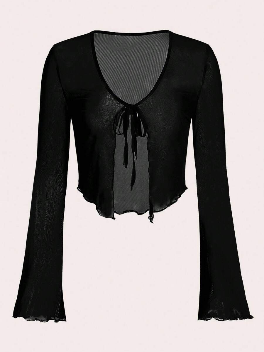 SHEIN ICON 系带前喇叭袖生菜边网眼上衣,女士休闲结,生菜边荷叶边袖 V 领常规版型黑色拼色,纯色女式上衣,春季/秋季,休闲日常穿着 - 黑色 - 查看 1