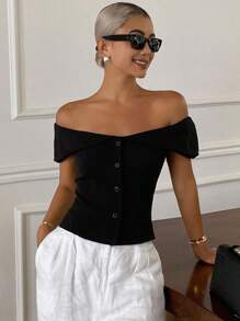Livesso Women's Elegant Off-Shoulder Solid Color Blouse For Commuting, Summer Going Out Tops - Black - View 6