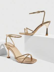 CUCCOO SZL Women's Champagne Rhinestone Decor Square Toe High Heel Sandals, Commute, Date And Party Occasions For Christmas - Champagne - View 9