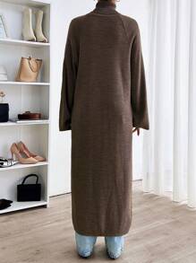 EURMUSE Women Simple Plain High Neck Long Sleeve Split Hem Long Dress - Coffee Brown - View 8