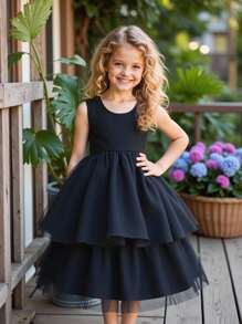 Robe de fille jeune à col rond sans manches avec couches de maille de luxe, robe épaisse et élaborée noire de style gâteau, été