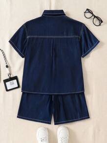 SHEIN Explorewe 2pcs Boys Sky Blue Jeans Style Casual Set, Soft Fabric, Comfortable, Suitable For Summer, Outdoor, School, Travel, Photography, All Occasions, Must-Have For Teen Boys Boys Woven Shirt Short Sets Boys 2 Piece Outfit Set Dark Blue Boys Outfit Royal Blue Boys Shirt And Shorts Set Boys Summer Outfit,Back To School Clothes