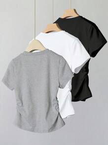 Genkimix Kids 3 件套女孩休闲简约腰部褶皱短袖 T 恤，纯色 - 彩色 - 查看 2