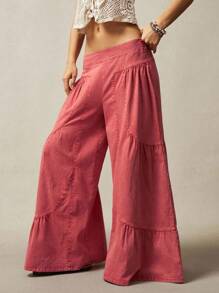 Bohemela Pantalones anchos de talla grande de unicolor informal - Rosa Roja - Ver 5
