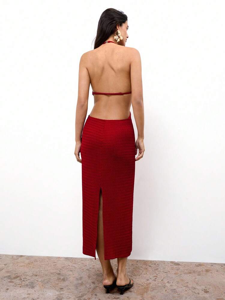 SHEIN Maija Women's Angora Textured Fabric Dress, Versatile & Elegant Casual Design, Comfortable Fitted Round Neck Backless Cinched Waist Slimming Dress, Suitable For Beachside, Ibiza, City Social Gatherings, Summer