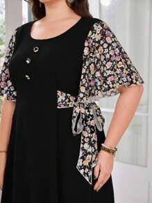 Lacomfia 大码女式优雅圆领喇叭袖抽绳腰部印花拼布阿拉伯风格连衣裙，春夏 - 黑色 - 查看 1