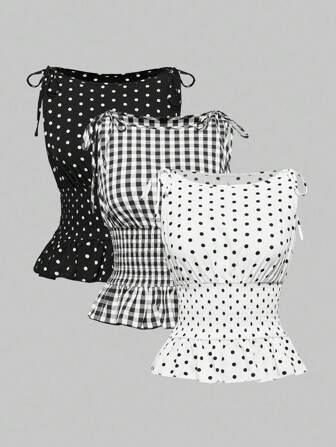 ROMWE Avant Canotta elegante da donna in stile romantico da vacanza con motivo a pois e plaid, con cinturino in vita e fiocco