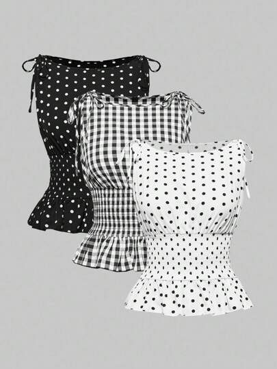 ROMWE Avant Top elegante con tirantes con lazo de lunares y cuadros, estilo romántico de vacaciones para mujer