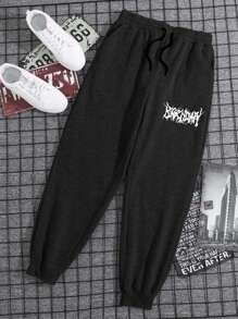 SHEIN Cottnline Cotton Men Letter Graphic Grey Drawstring Waist Sweatpants - Black - View 4