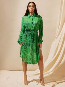 Vixey 扎染透明褶皱雪纺长款纽扣领长袖衬衫，女式，绿色度假，度假上衣 - 彩色 - 查看 3