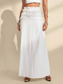 SHEIN Unity Women's Elegant Ruched Elastic Waist Maxi A-Line Skirt All White Casual Spring - White - View 7