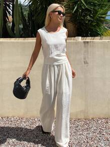 DAZY 2 piezas Conjunto de chaleco sin mangas casual de alta calidad y pantalones de pierna ancha para mujer, conjunto de ropa de descanso para vacaciones de mujer - Beis - Ver 4